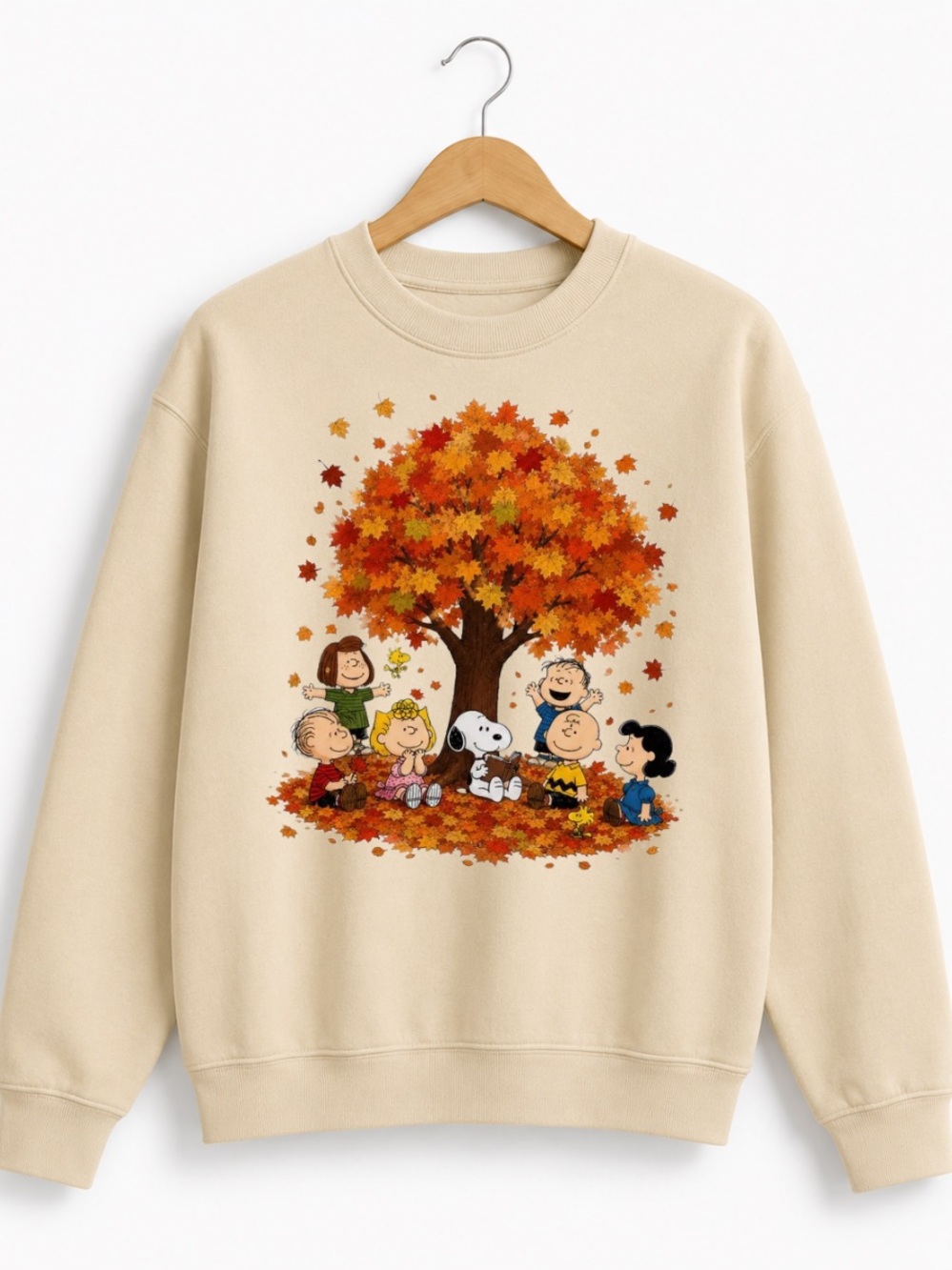 Sand Crewneck Sweatshirt with Autumn Tree & Cartoon Characters